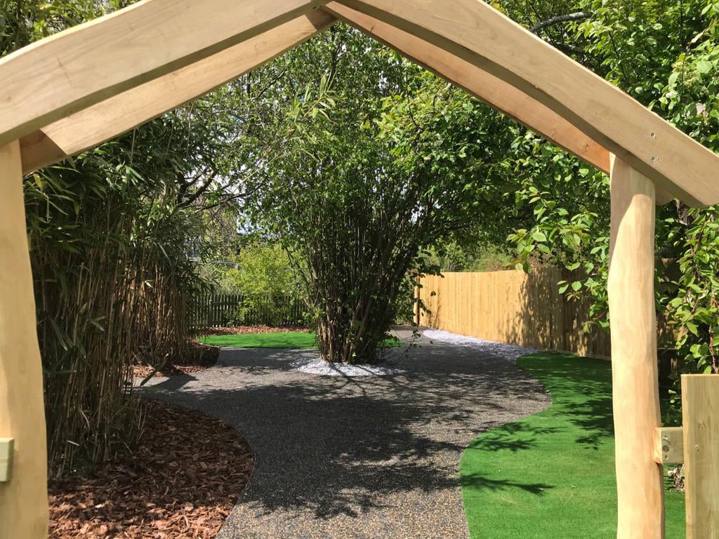 Newtown Garden installation by dbdplay including wooden arch